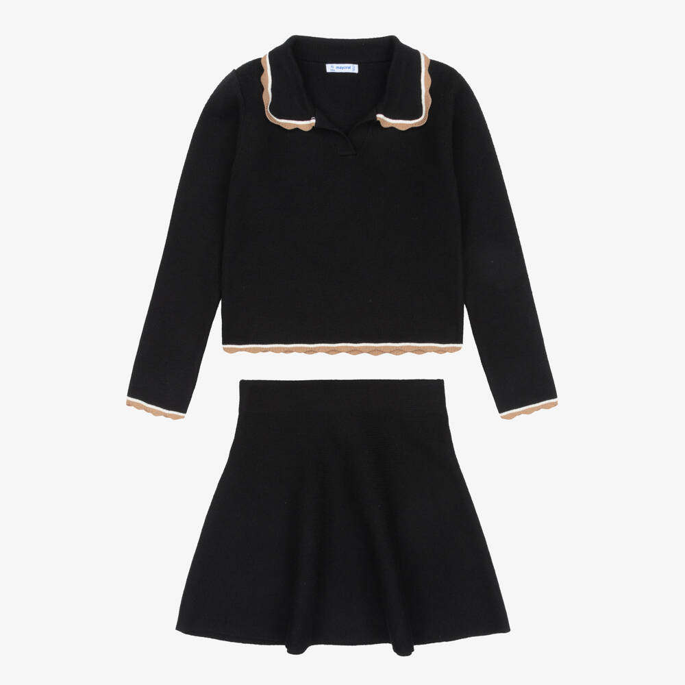 Mayoral-Girls Black Knitted Skirt Set with Scalloped Trim | Childrensalon