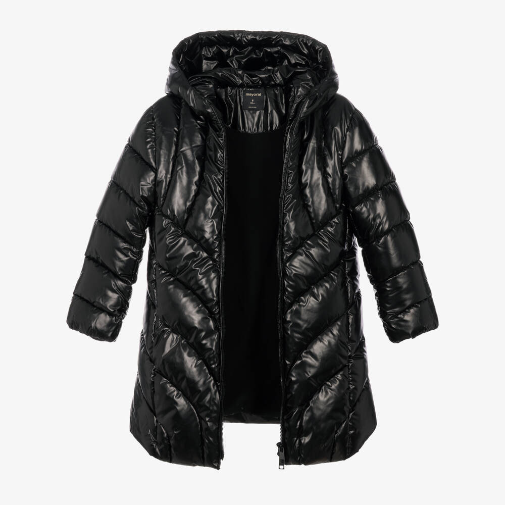 Mayoral-Girls Black Long Padded Coat with Hood | Childrensalon