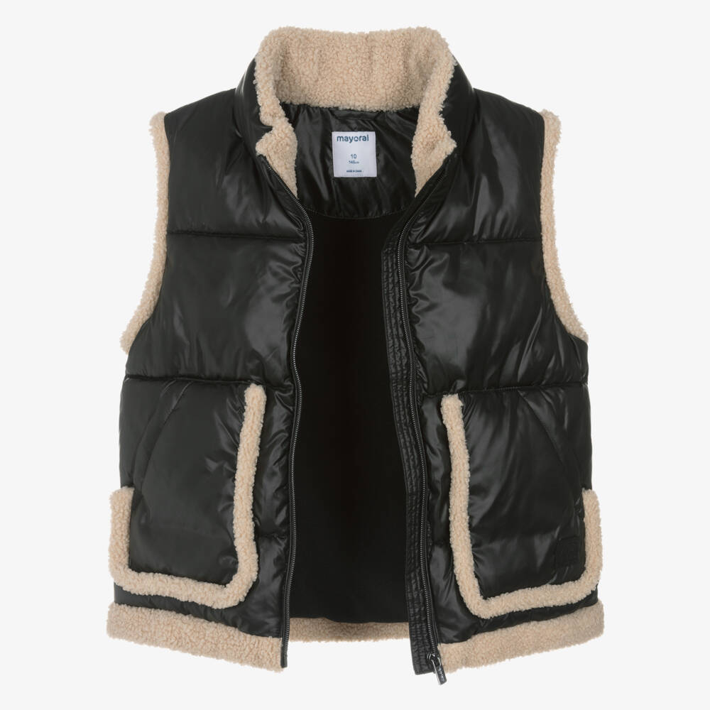 Mayoral-Girls Black Padded Gilet with Sherpa Fleece Trim | Childrensalon
