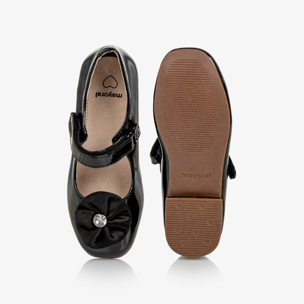Mayoral-Girls Black Patent Bar Shoes with Embellished Flower | Childrensalon