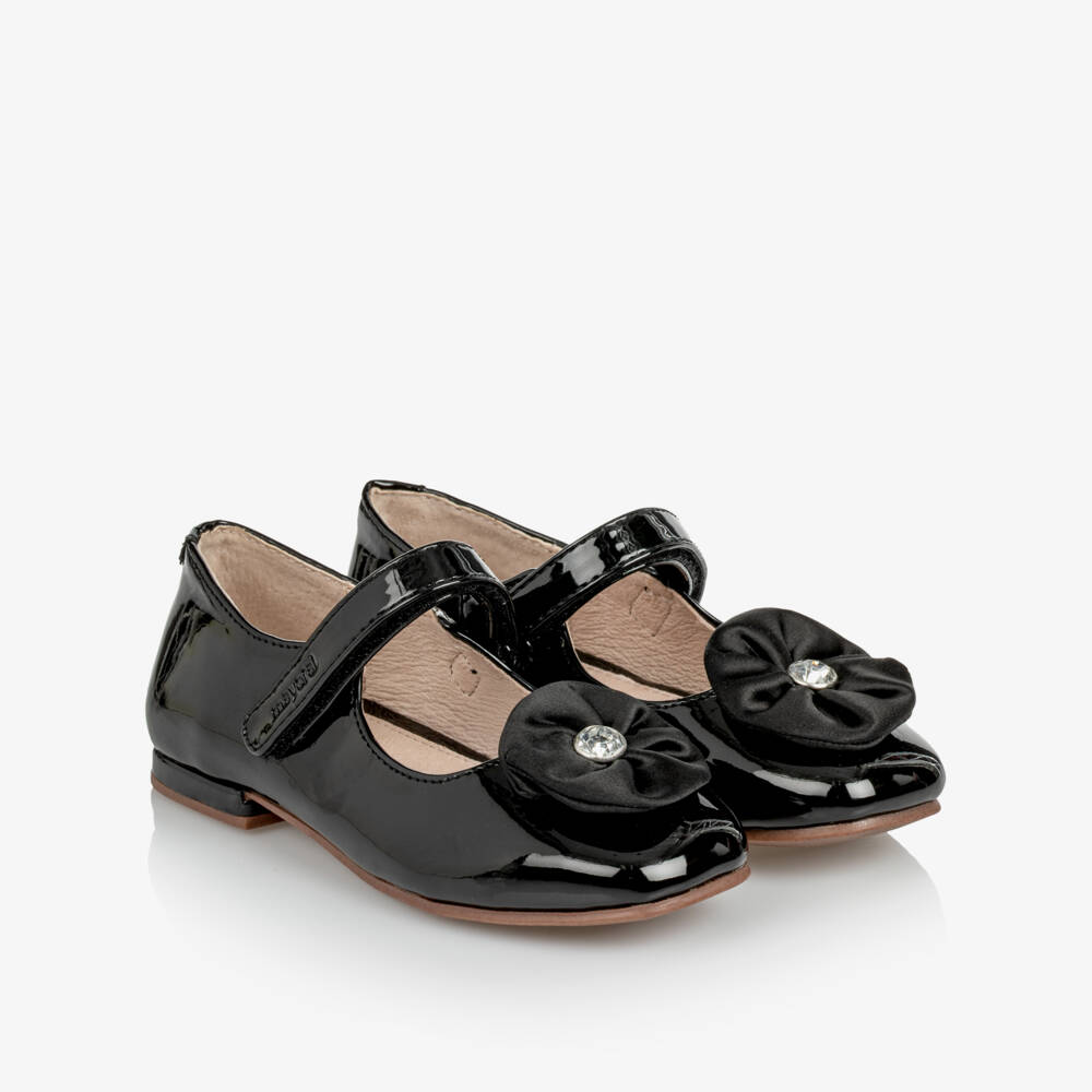 Mayoral-Girls Black Patent Bar Shoes with Embellished Flower | Childrensalon