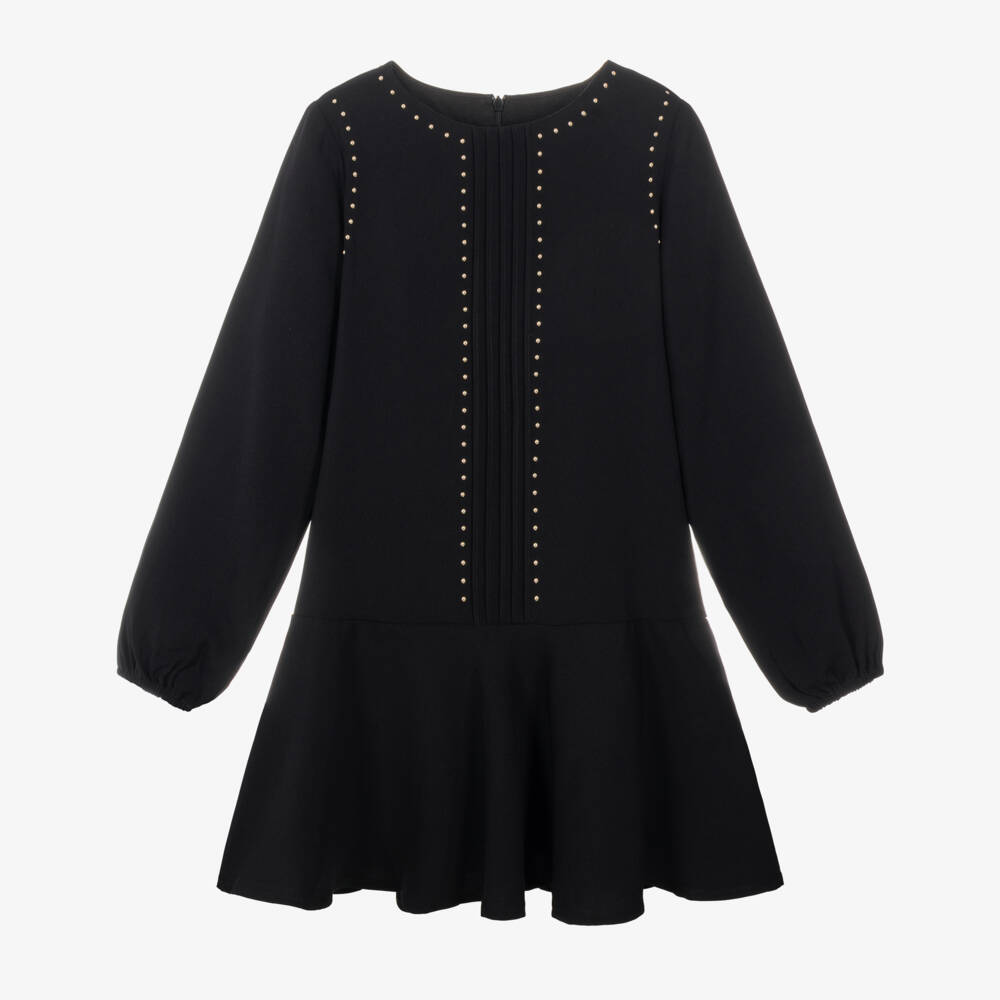 Mayoral-Girls Black Pintuck Dress with Silver Studs | Childrensalon