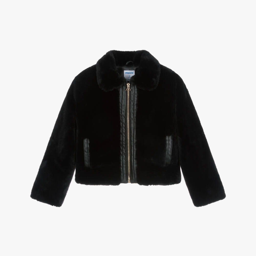 Mayoral-Girls Black Plush Faux Fur Jacket | Childrensalon