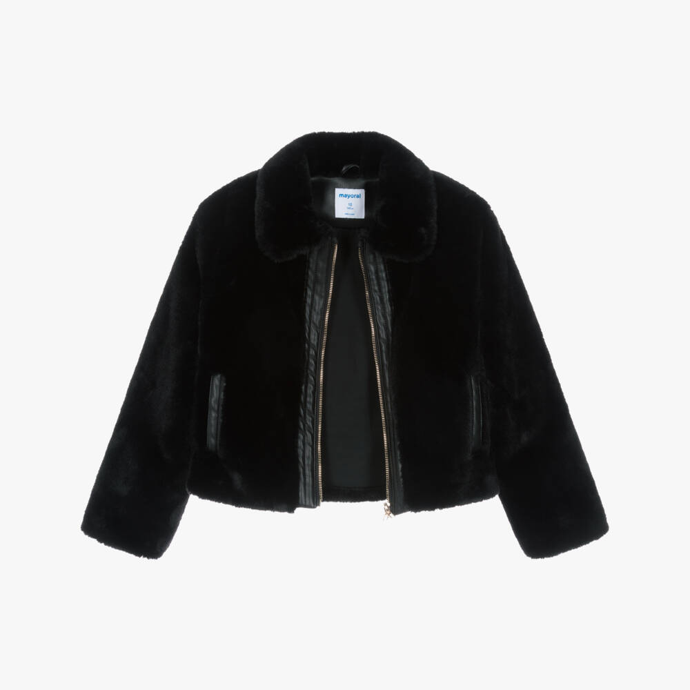 Mayoral-Girls Black Plush Faux Fur Jacket | Childrensalon