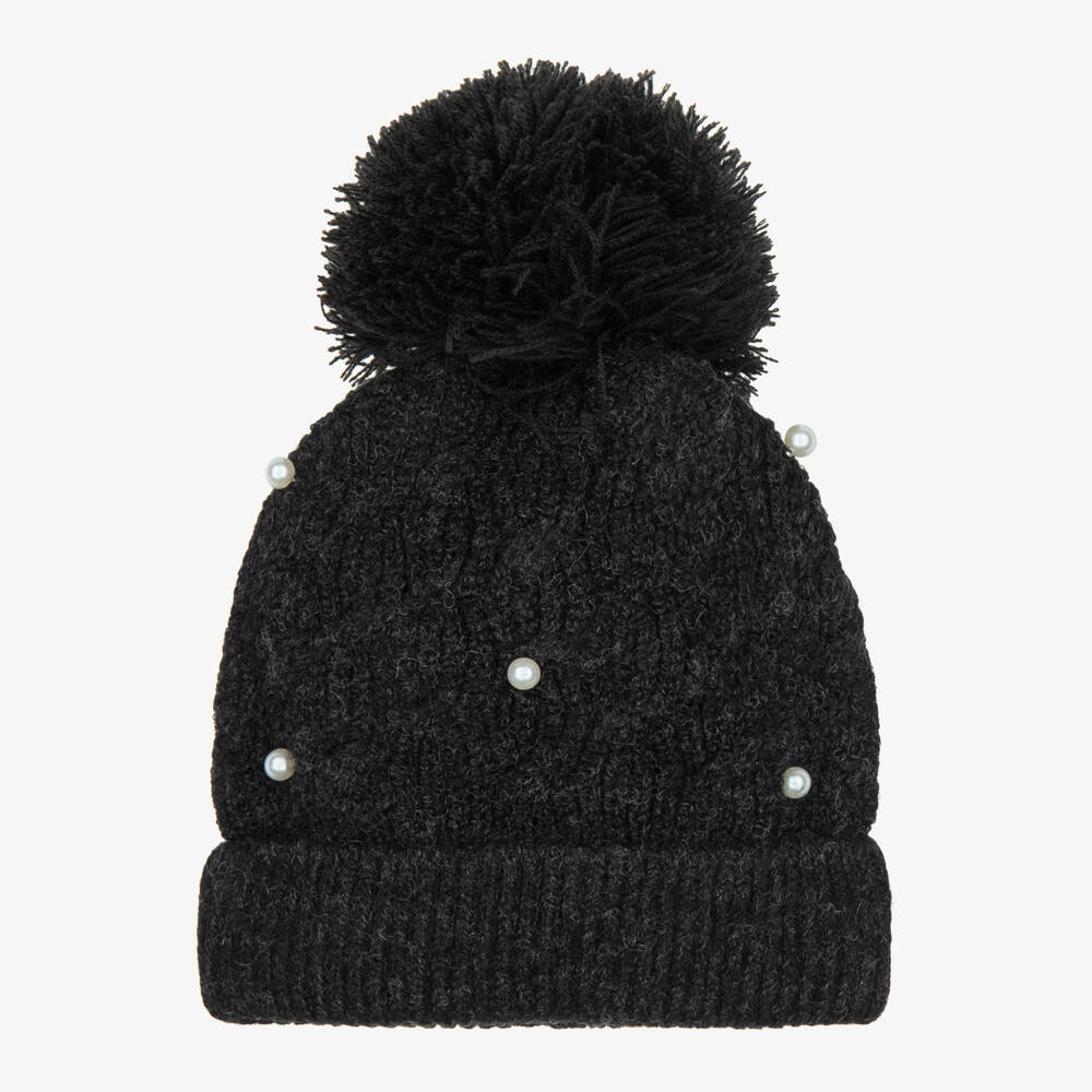 Mayoral-Girls Black Pom-Pom Hat with Pearls | Childrensalon