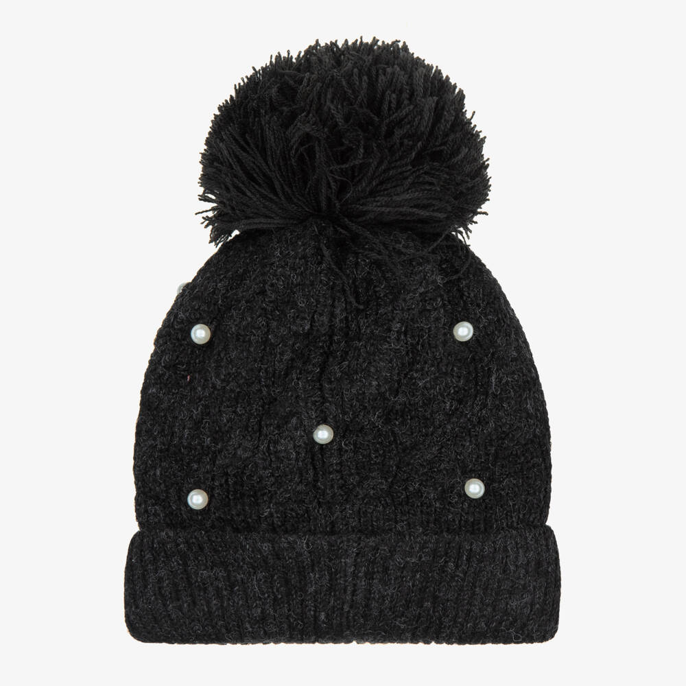 Mayoral-Girls Black Pom-Pom Hat with Pearls | Childrensalon