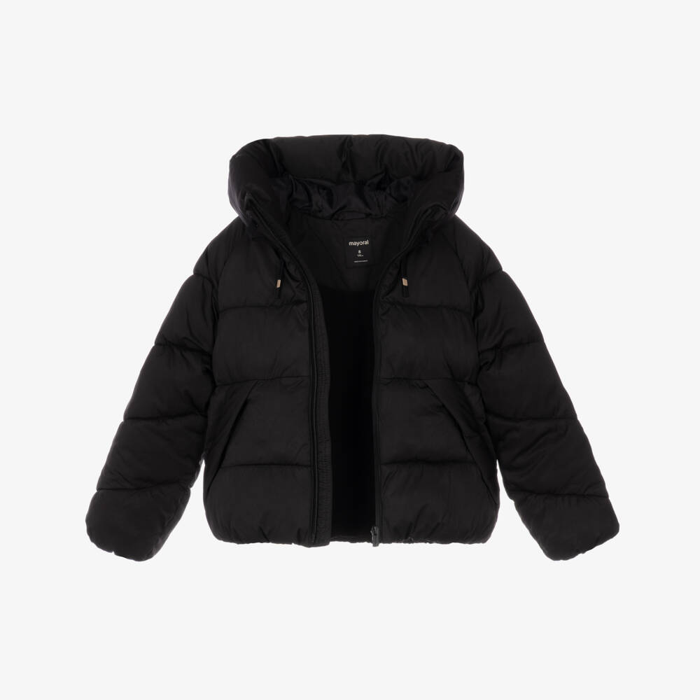 Mayoral-Girls Black Puffer Jacket with Drawstring Hood | Childrensalon