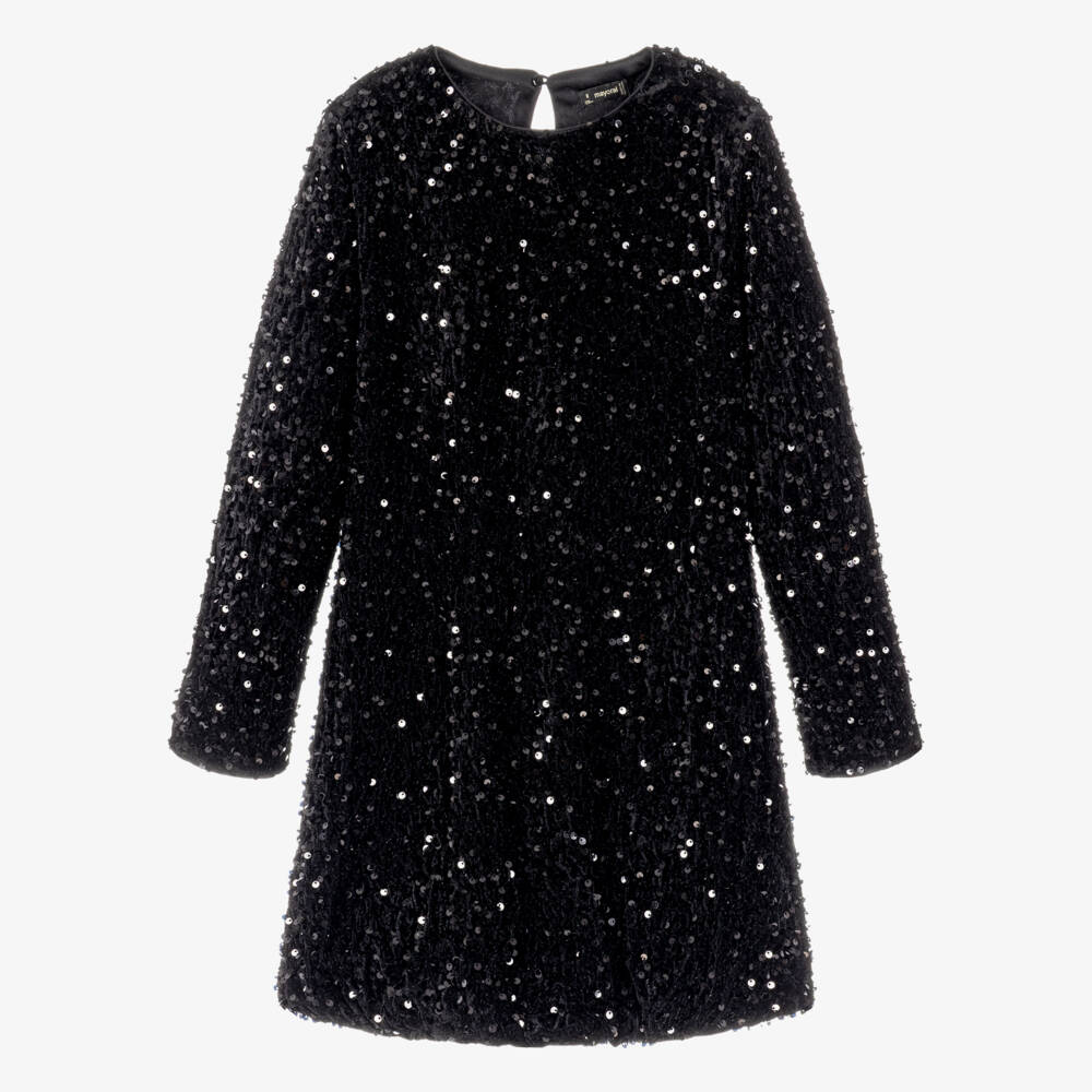 Mayoral-Girls Black Sequinned Velour Dress | Childrensalon