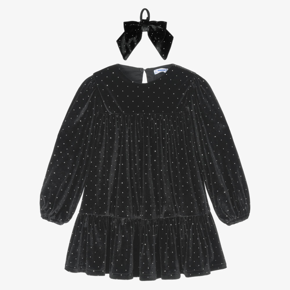 Mayoral-Girls Black Studded Velour Dress & Bow Hair Tie Set | Childrensalon