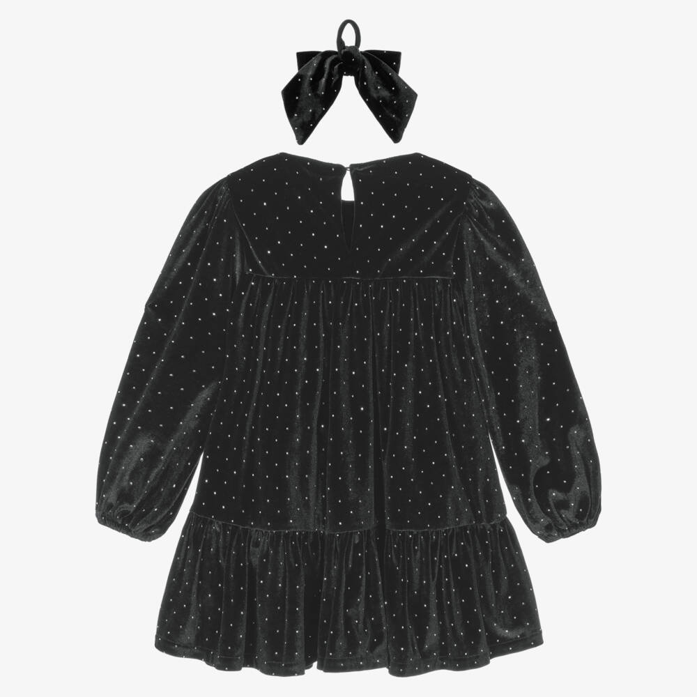 Mayoral-Girls Black Studded Velour Dress & Bow Hair Tie Set | Childrensalon