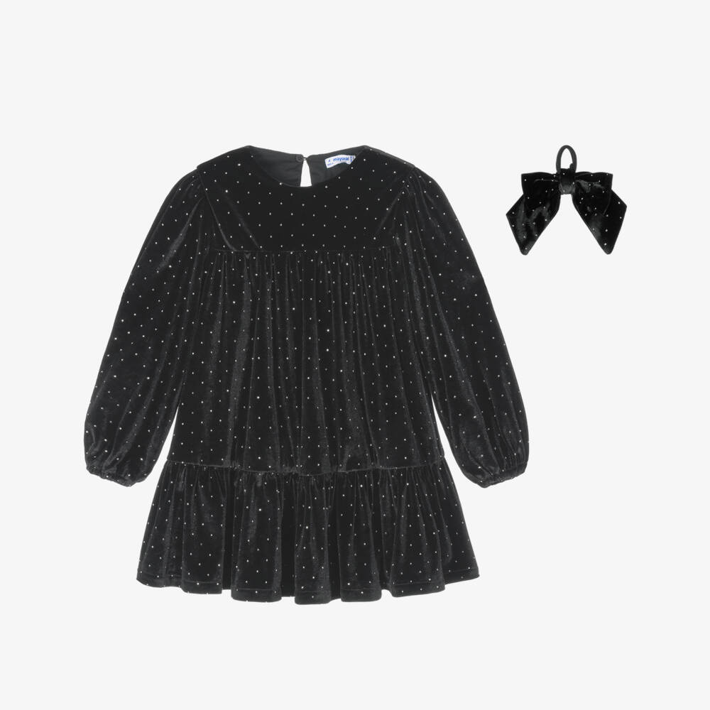 Mayoral-Girls Black Studded Velour Dress & Bow Hair Tie Set | Childrensalon