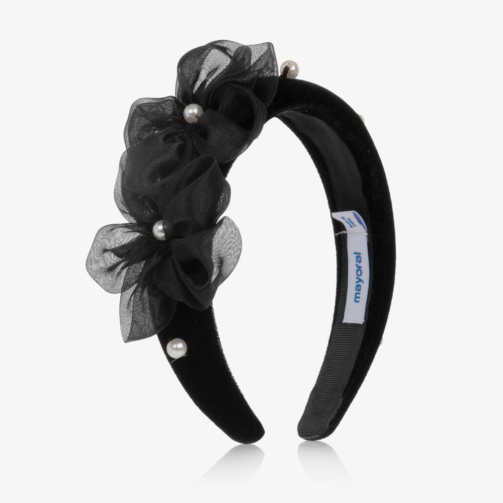 Mayoral-Girls Black Velvet Hairband with Organza Flowers | Childrensalon