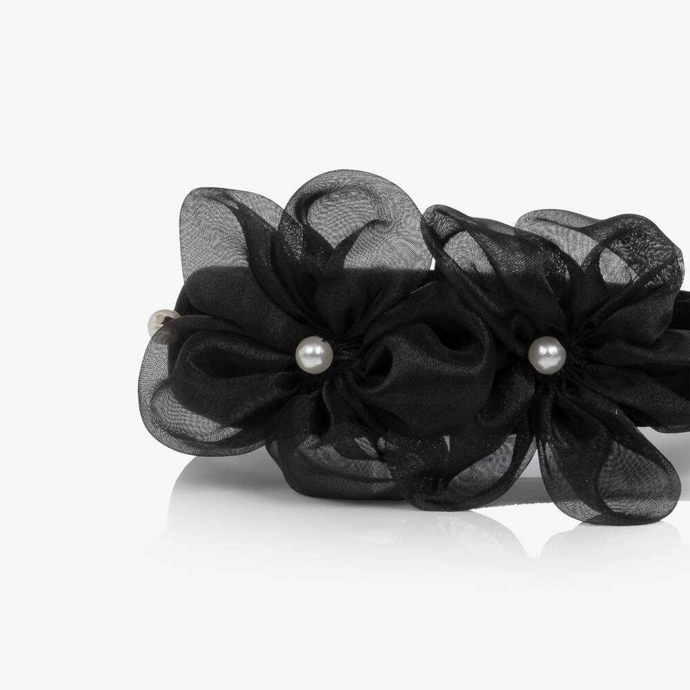 Mayoral-Girls Black Velvet Hairband with Organza Flowers | Childrensalon