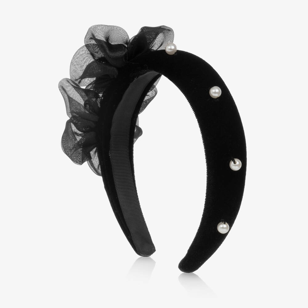 Mayoral-Girls Black Velvet Hairband with Organza Flowers | Childrensalon