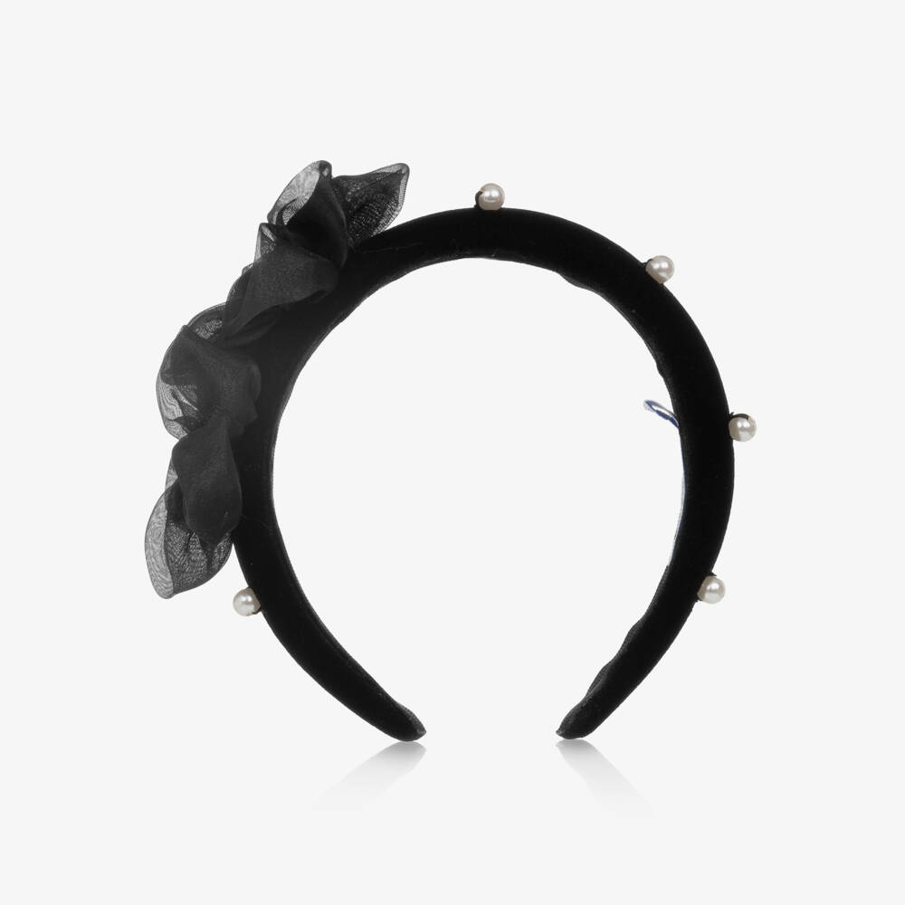 Mayoral-Girls Black Velvet Hairband with Organza Flowers | Childrensalon