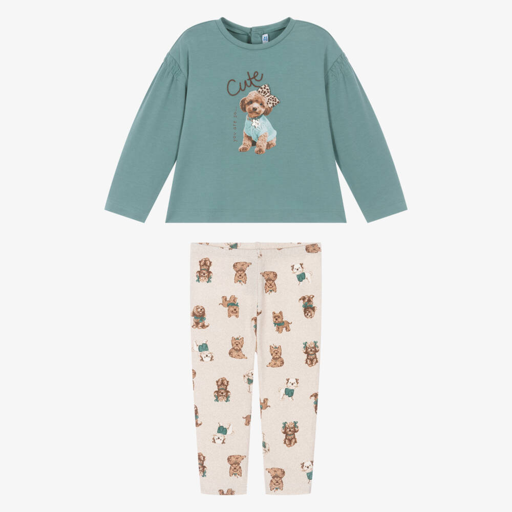 Mayoral-Girls Blue & Beige Dog Print Leggings Set | Childrensalon