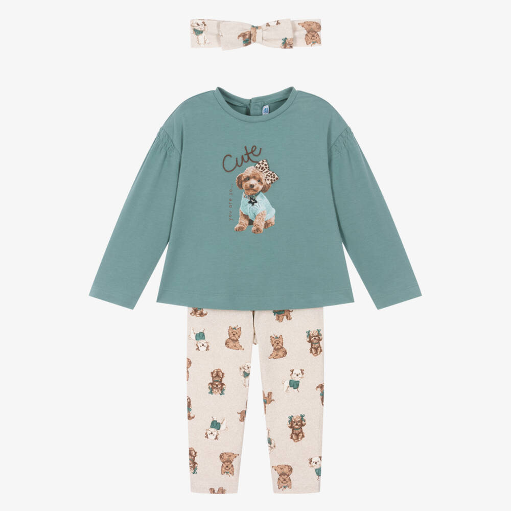 Mayoral-Girls Blue & Beige Dog Print Leggings Set | Childrensalon