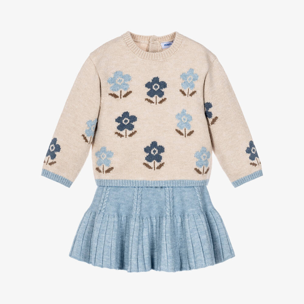 Mayoral-Girls Blue & Beige Flower Sweater & Skirt Set | Childrensalon