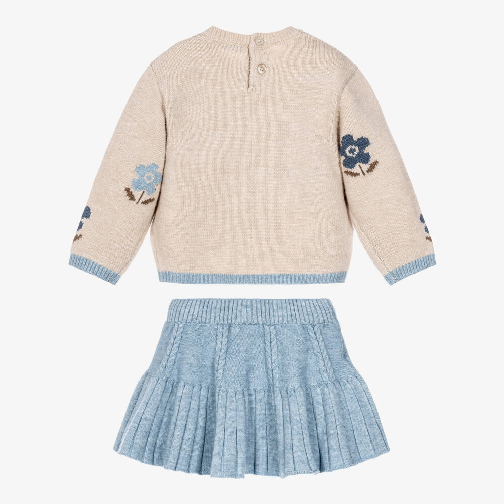 Mayoral-Girls Blue & Beige Flower Sweater & Skirt Set | Childrensalon