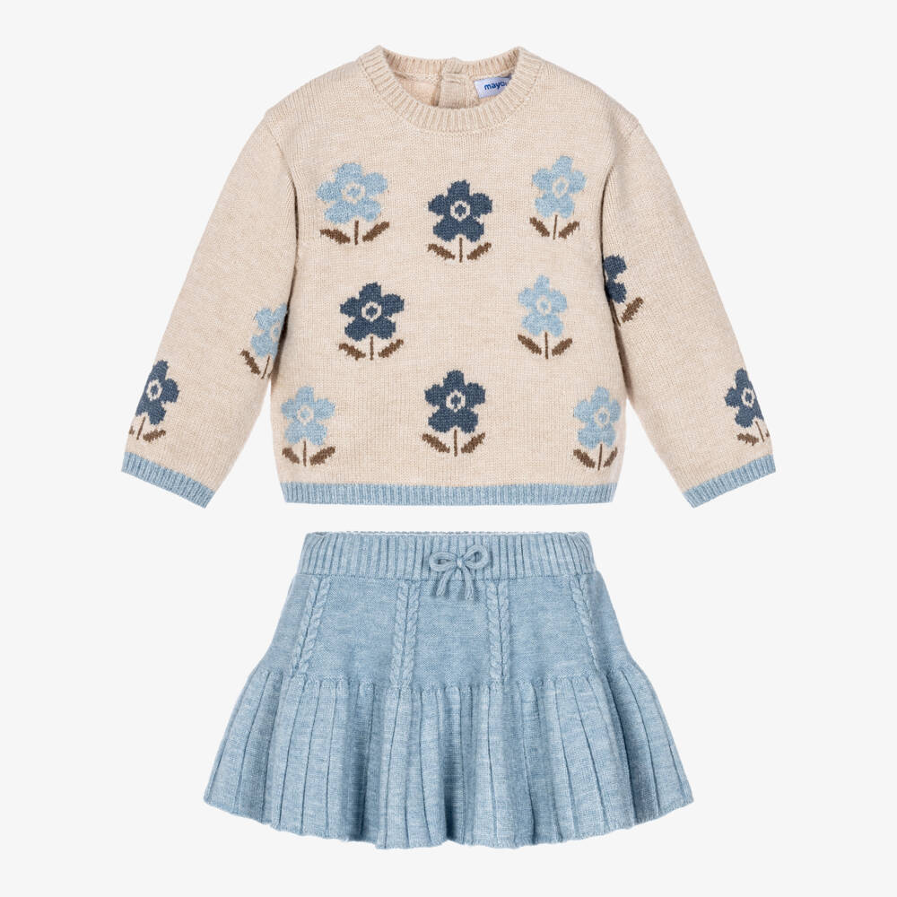Mayoral-Girls Blue & Beige Flower Sweater & Skirt Set | Childrensalon