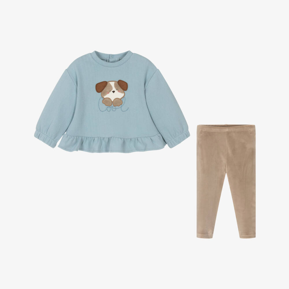 Mayoral-Girls Blue & Beige Puppy Leggings Set | Childrensalon