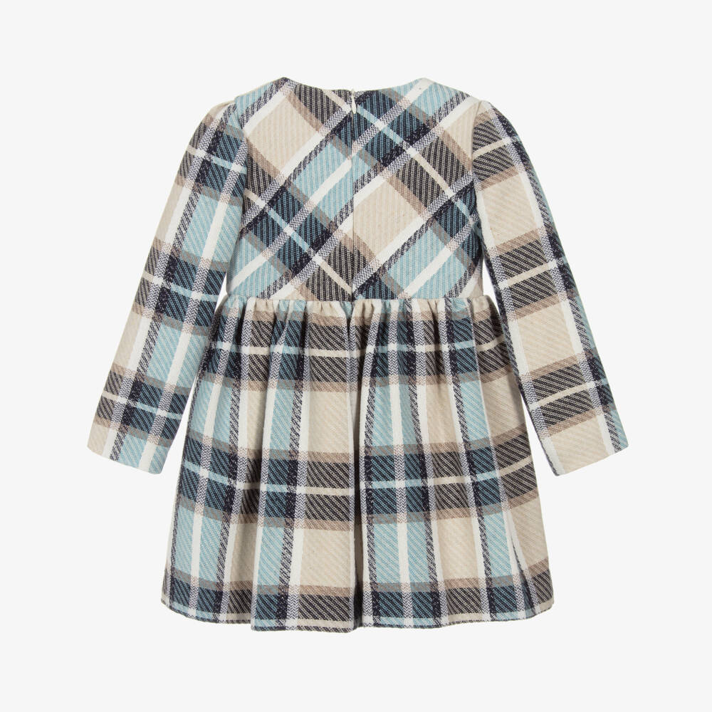 Mayoral-Girls Blue & Beige Tartan Dress with Velvet Bow | Childrensalon