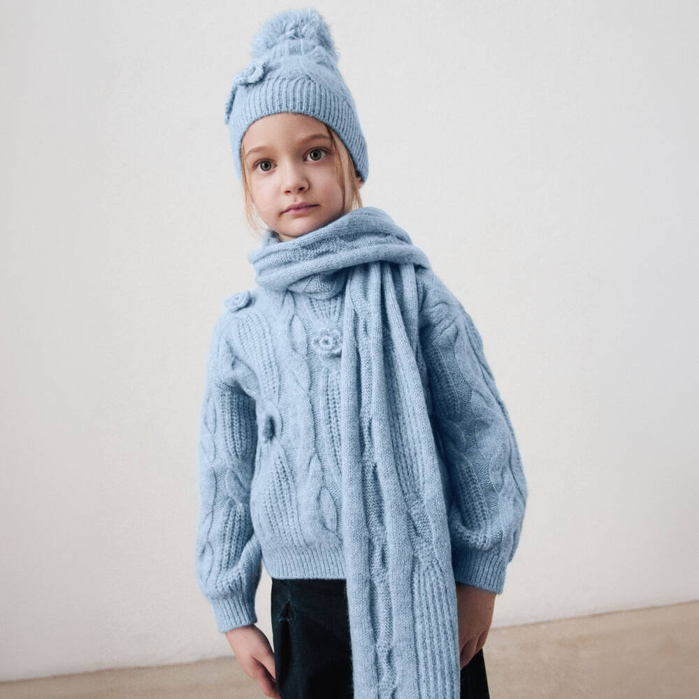 Mayoral-Girls Blue Cable Knit Hat & Scarf Set with Gloves | Childrensalon