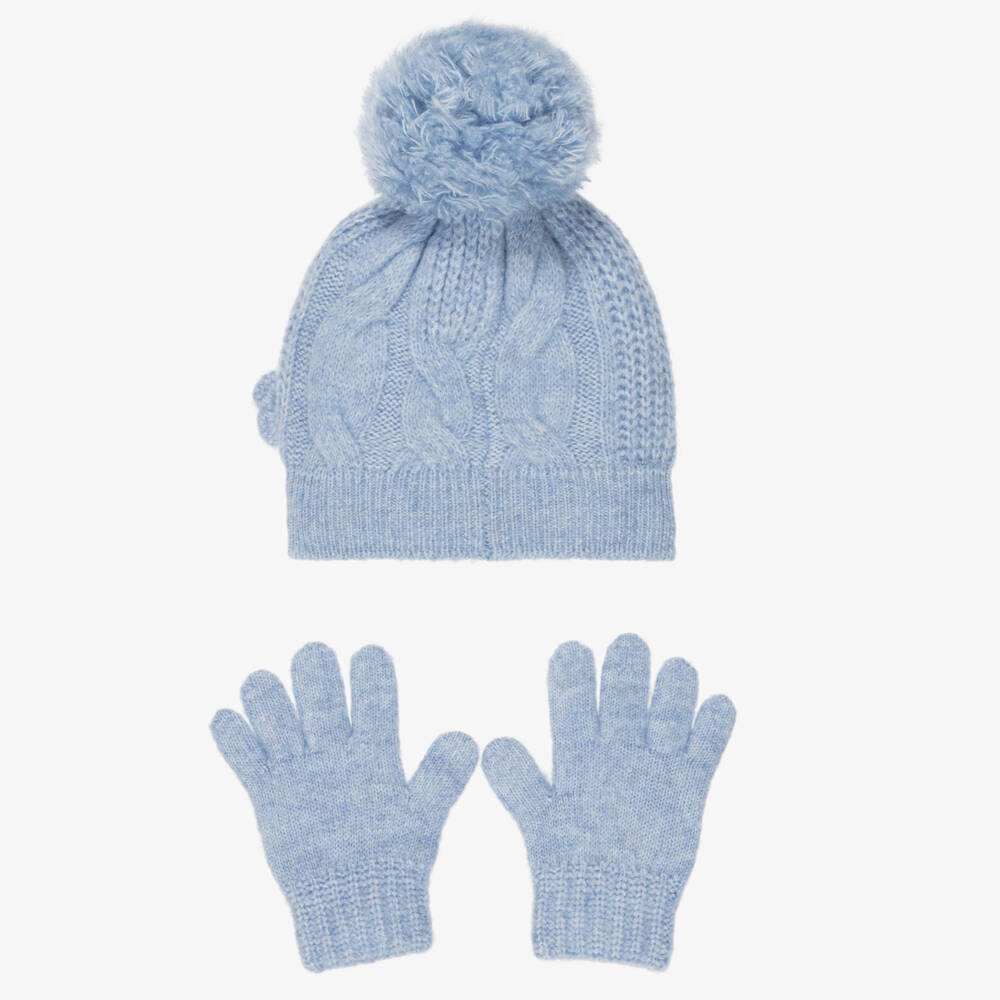 Mayoral-Girls Blue Cable Knit Hat & Scarf Set with Gloves | Childrensalon