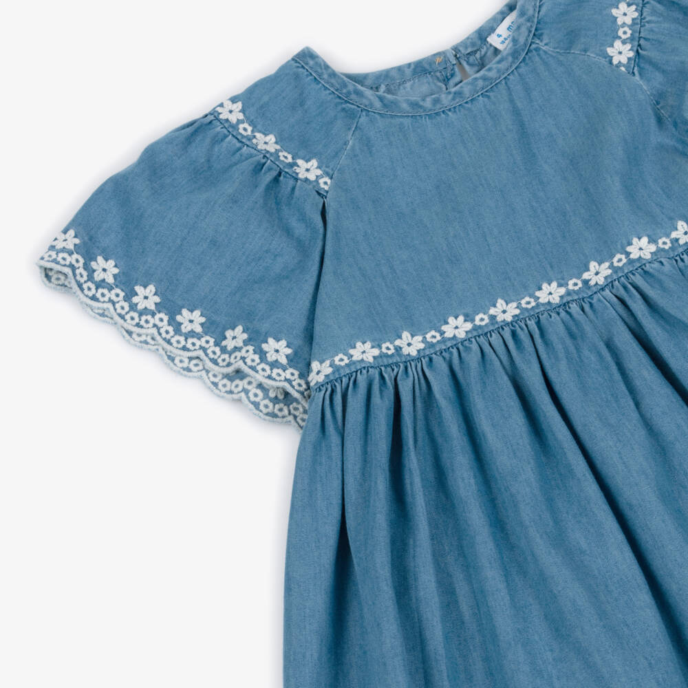 Mayoral-Girls Blue Chambray Dress with Ivory Embroidered Trim | Childrensalon