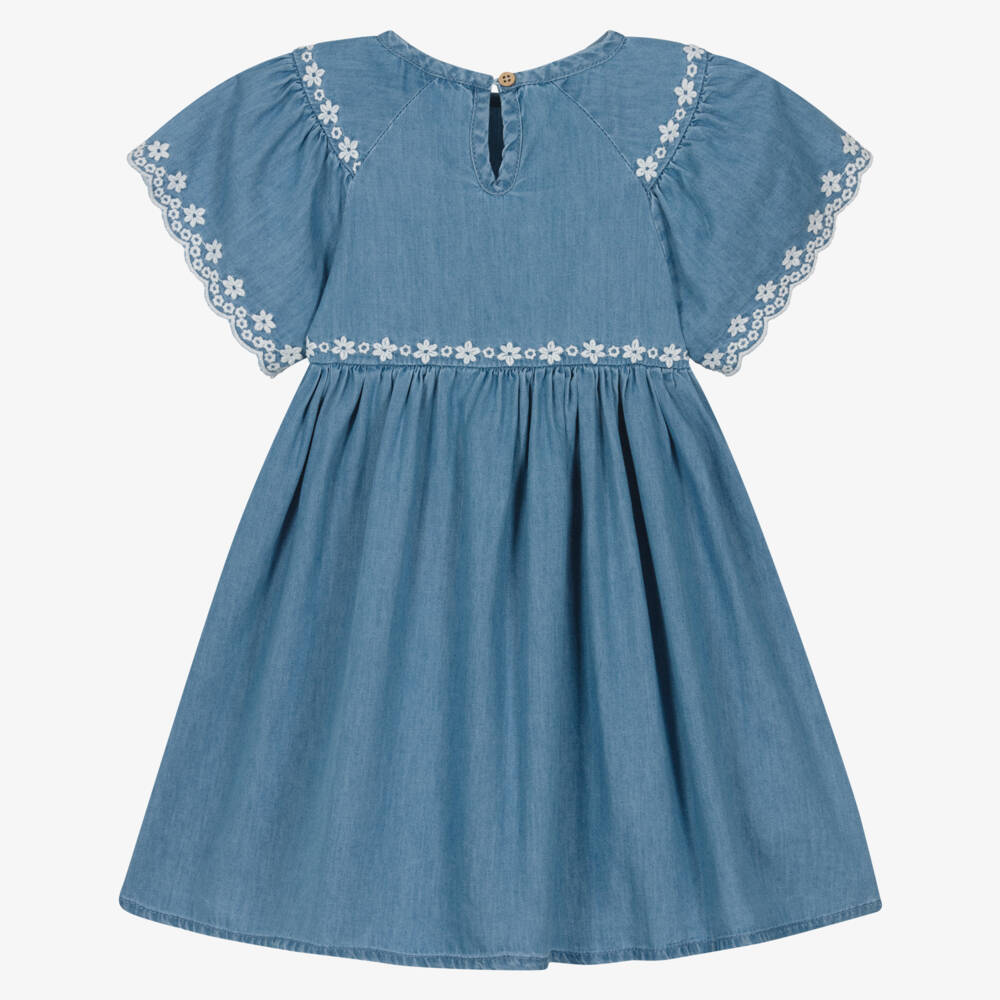 Mayoral-Girls Blue Chambray Dress with Ivory Embroidered Trim | Childrensalon