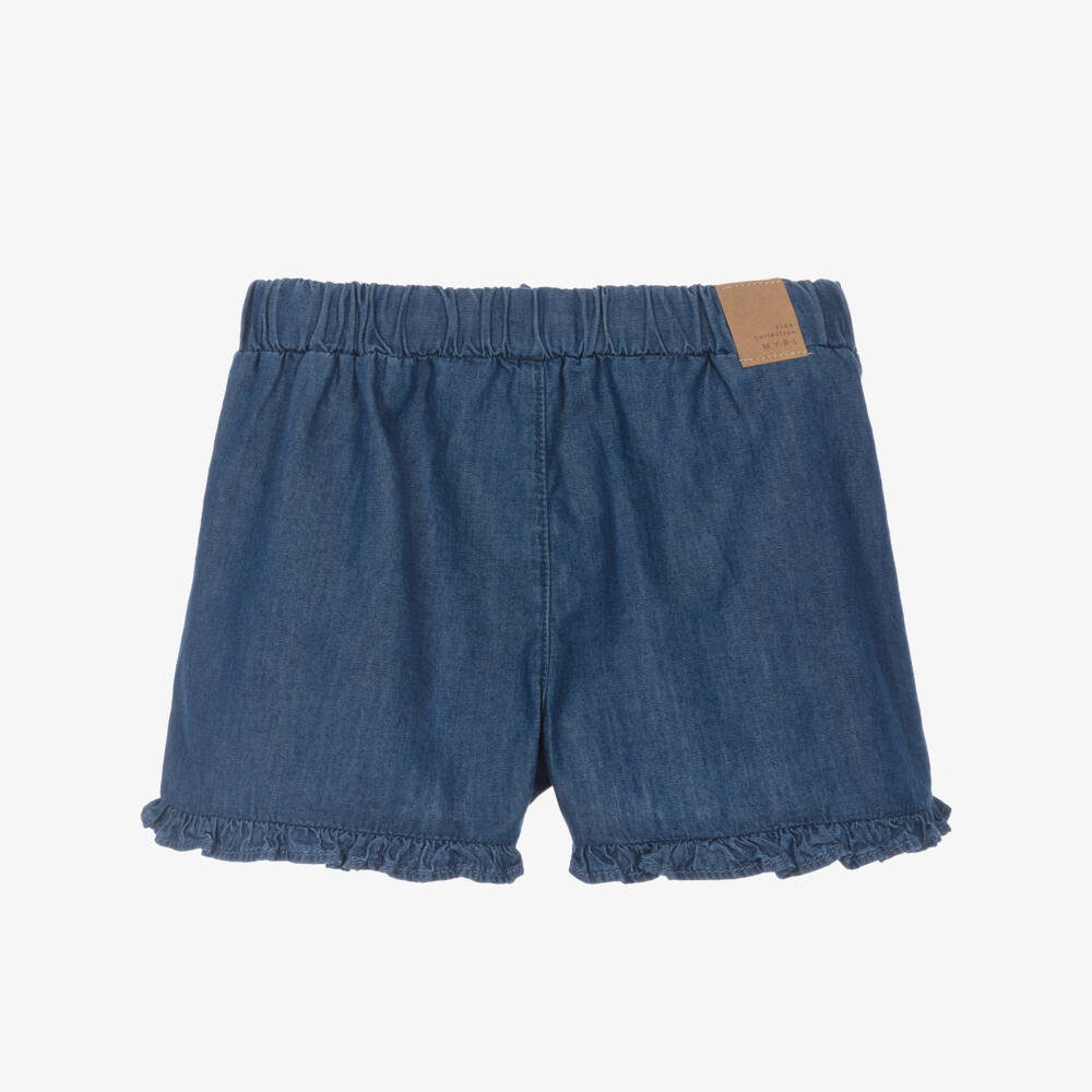 Mayoral-Girls Blue Chambray Shorts with Ruffle Trim | Childrensalon