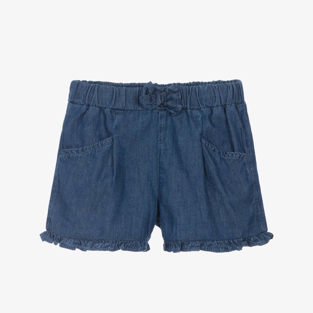 Mayoral-Girls Blue Chambray Shorts with Ruffle Trim | Childrensalon