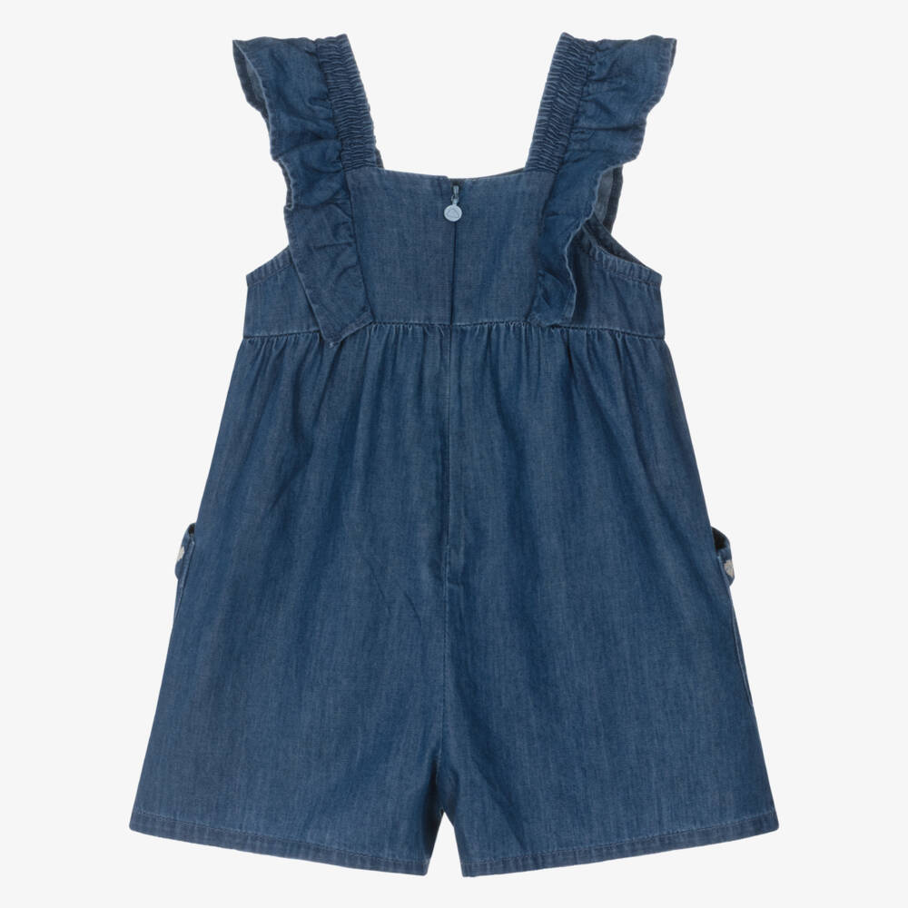 Mayoral-Girls Blue Cotton Chambray Playsuit with Embroidered Hearts | Childrensalon