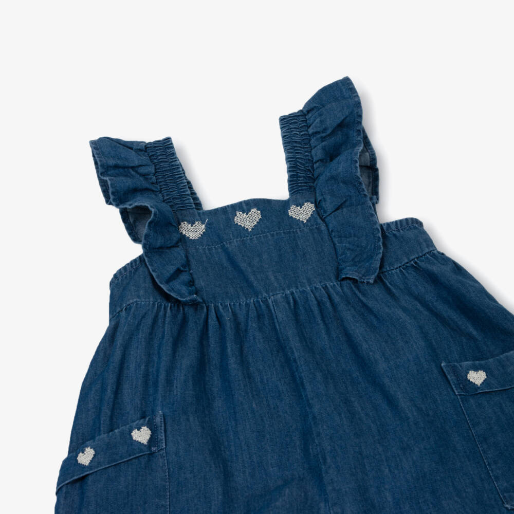 Mayoral-Girls Blue Cotton Chambray Playsuit with Embroidered Hearts | Childrensalon
