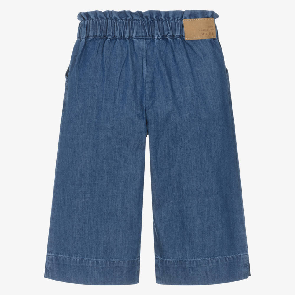 Mayoral-Girls Blue Cotton Chambray Wide-Leg Trousers with Bow | Childrensalon