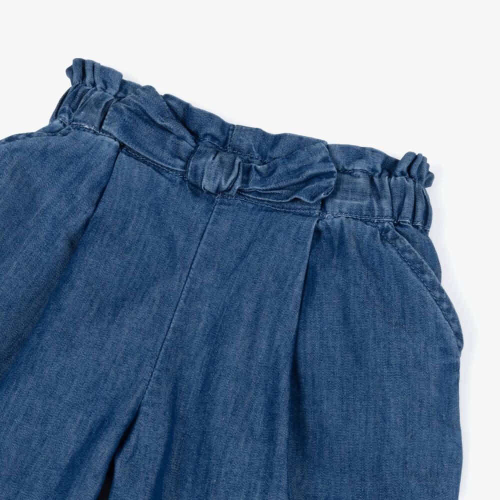 Mayoral-Girls Blue Cotton Chambray Wide-Leg Trousers with Bow | Childrensalon