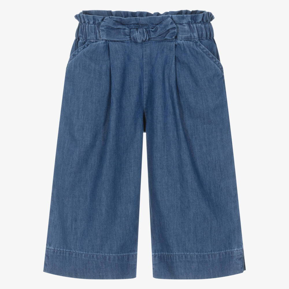 Mayoral-Girls Blue Cotton Chambray Wide-Leg Trousers with Bow | Childrensalon