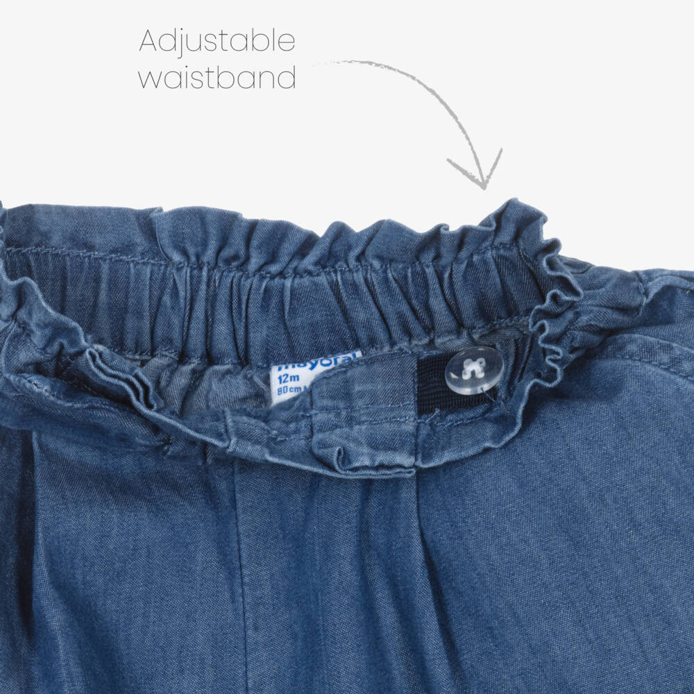 Mayoral-Girls Blue Cotton Chambray Wide-Leg Trousers with Bow | Childrensalon