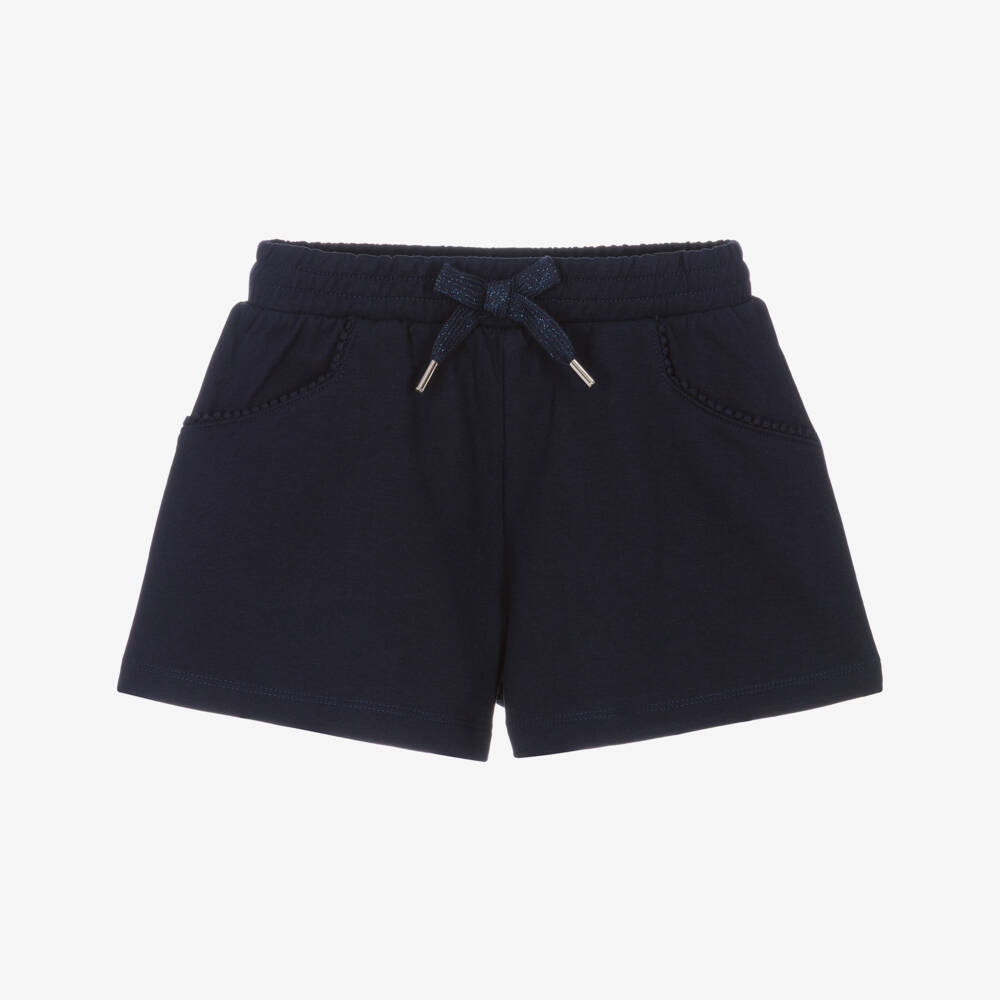 Mayoral-Girls Blue Cotton Jersey Shorts with Pom-Pom Pocket Trim | Childrensalon