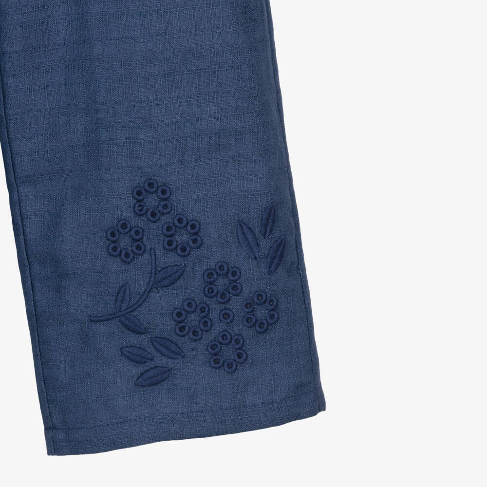 Mayoral-Girls Blue Cotton & Linen Trousers with Floral Embroidery | Childrensalon