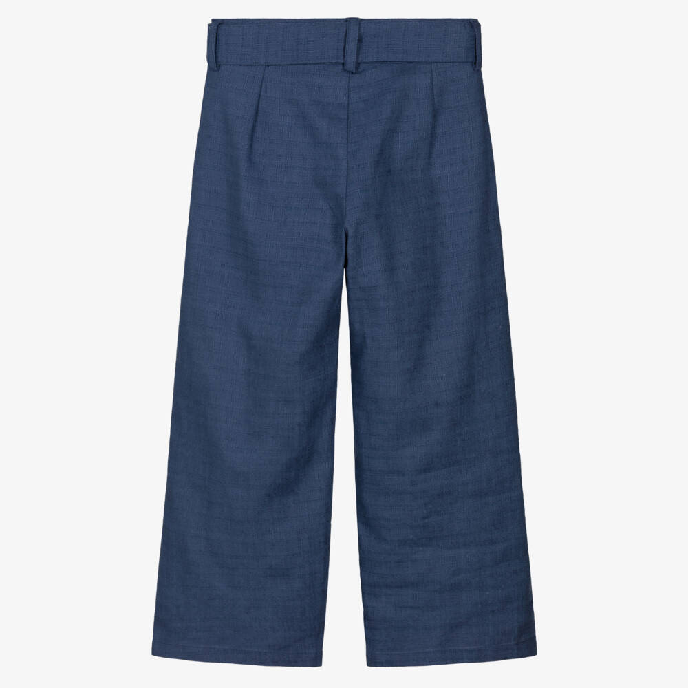 Mayoral-Girls Blue Cotton & Linen Trousers with Floral Embroidery | Childrensalon