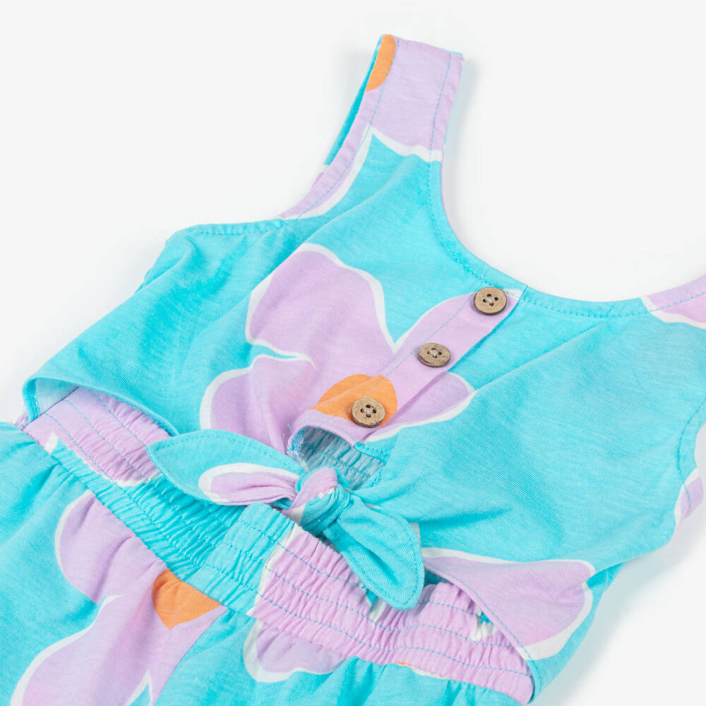 Mayoral-Girls Blue Cotton Playsuit with Lilac Flower Print | Childrensalon