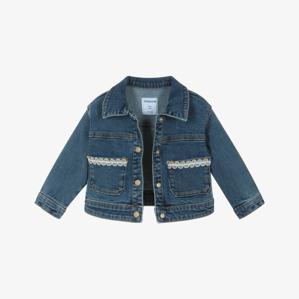 Mayoral-Girls Blue Denim Jacket with Lace-Trimmed Pockets | Childrensalon