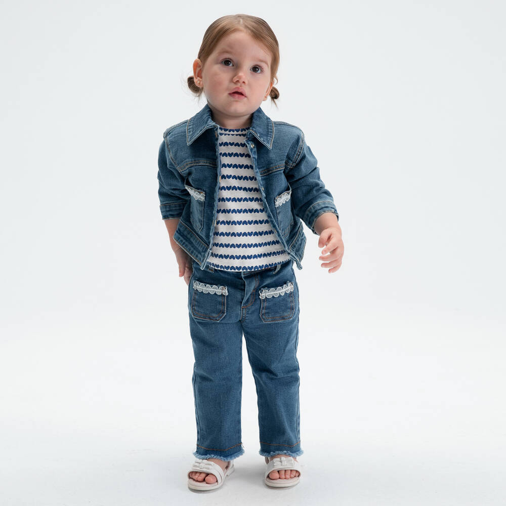Mayoral-Girls Blue Denim Jacket with Lace-Trimmed Pockets | Childrensalon