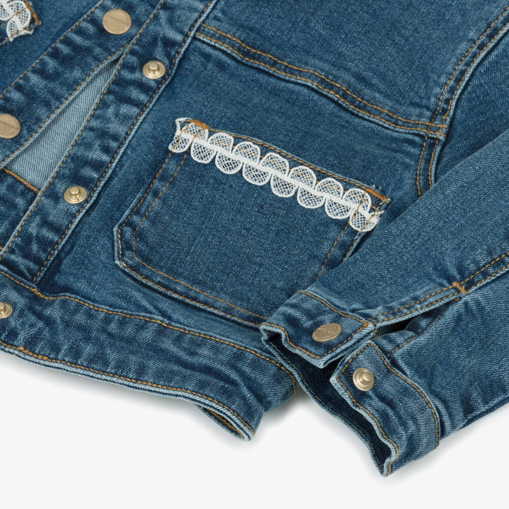 Mayoral-Girls Blue Denim Jacket with Lace-Trimmed Pockets | Childrensalon