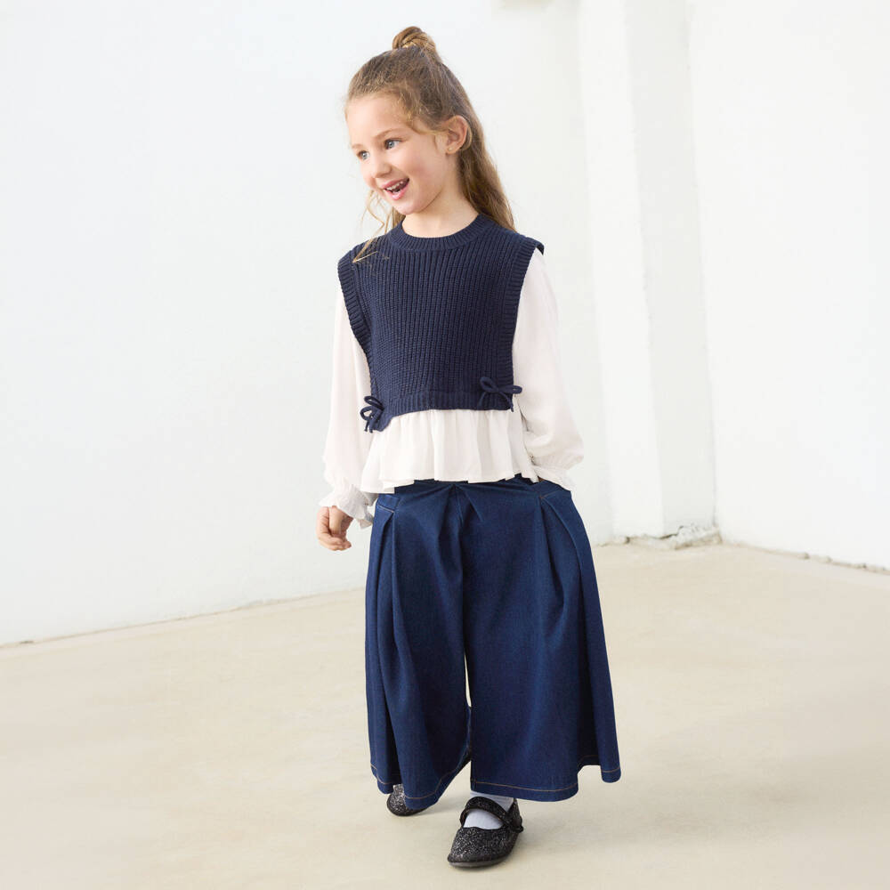 Mayoral-Girls Blue Denim Jersey Wide Leg Trousers | Childrensalon