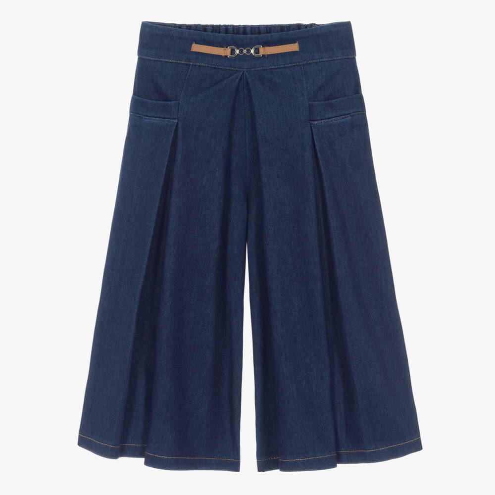 Mayoral-Girls Blue Denim Jersey Wide Leg Trousers | Childrensalon