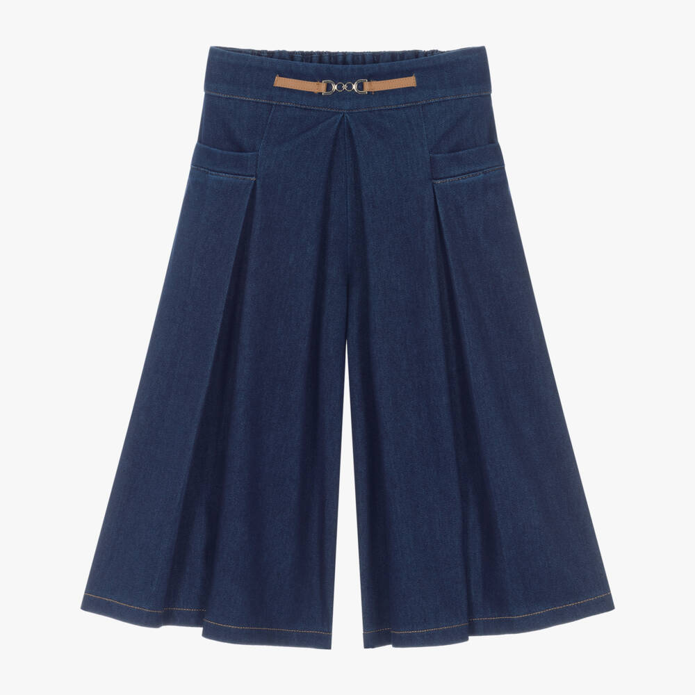 Mayoral-Girls Blue Denim Jersey Wide Leg Trousers | Childrensalon