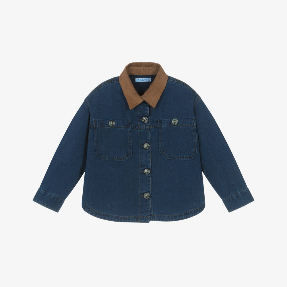 Mayoral-Рубашка джинсовая синяя с коричневым вельветовым воротником для девочек | Childrensalon