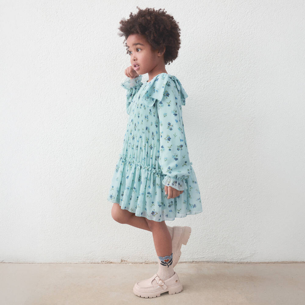 Mayoral-Girls Blue Floral Chiffon Dress with Bow | Childrensalon